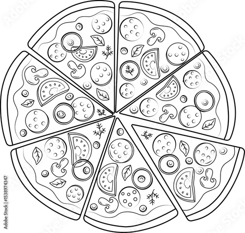 Vector illustration of pizza. Black outline