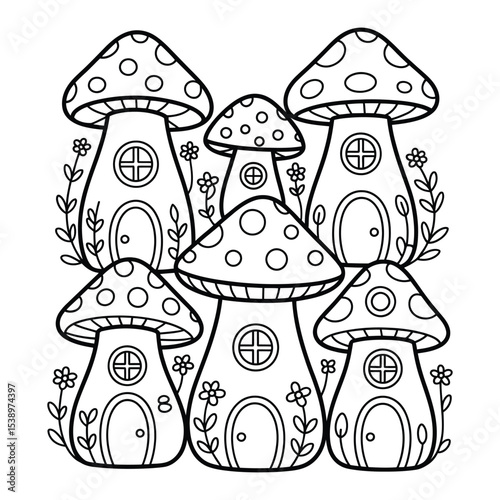 Black and white line art of whimsical mushroom houses in playful fantasy style for fairy tale or coloring pages