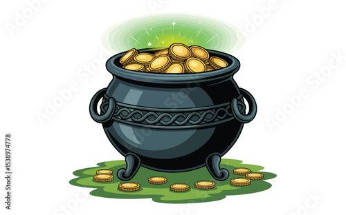 Black Cauldron Filled with Gold Coins Green Background money