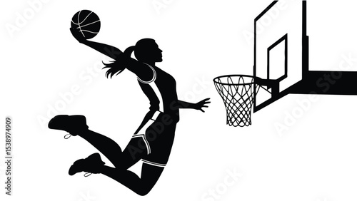 Black Silhouette Female Basketball Player Dunking Ball Hoop vector