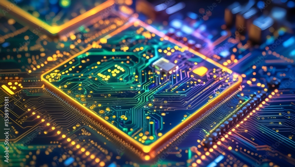 Obraz premium Digital Circuit Board: Illuminating Microchip with Data Flow