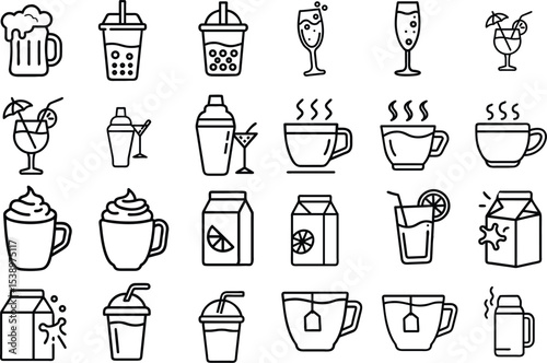 Set of 24 outline icons related to drink and beverages. Linear icon collection. Editable stroke. Vector illustration
