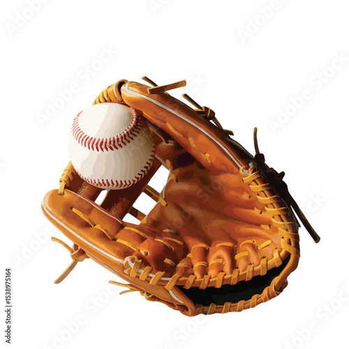 Brown Leather Baseball Glove Holding White Baseball vector