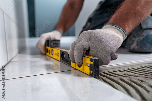 Worker tiling on wall, measuring tile flooring renovation process. Concept of worker tiling on wall, showcasing precision in modern home improvement project.