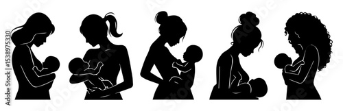 Mother breastfeeding her child, Mother's Day greeting illustration in black and white vector.