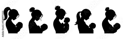 Mother breastfeeding her child, Mother's Day greeting illustration in black and white vector.