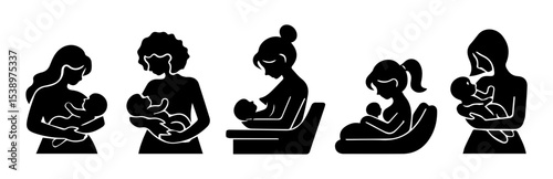 Mother breastfeeding her child, Mother's Day greeting illustration in black and white vector.
