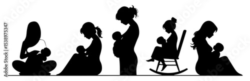 Mother breastfeeding her child, Mother's Day greeting illustration in black and white vector.