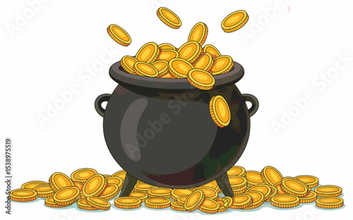 Cartoon Black Pot Overflowing With Gold Coins Pile cauldron