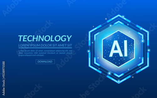 AI hexagonal symbol for advanced technology with text, Neon digital AI quantum chip HUD, blue hexagon with the abbreviation AI and glowing light effects, is placed on a subtle circuit board pattern