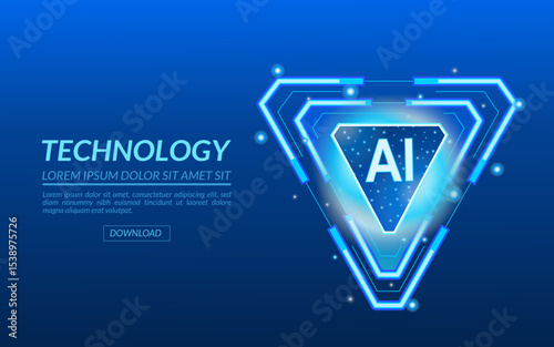 AI triangle logo for cutting-edge technology with text, neon digital AI quantum chip HUD, blue triangular design with the acronym AI at its center, surrounded by glowing lines and set against