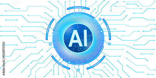 Circular artificial intelligence chip with interconnected circuits on a transparent background, digital lines of a circuit board, artificial intelligence technology background