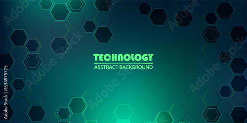 Abstract technology background with glowing hexagon patterns in green and blue shades on a dark gradient. Ideal for digital, futuristic, and innovation