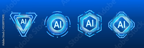 Futuristic AI Logos for Technology, a collection of four distinct geometric designs, including a triangle, circle, hexagon, and rhombus, each featuring the letters AI and glowing blue accents