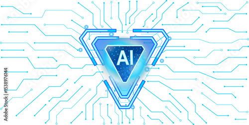 Triangular symbol of dynamic artificial intelligence on a circuit board on a transparent background, striking blue triangle with the abbreviation AI in its center, circuit board pattern