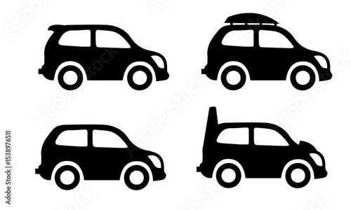 A set of four black silhouette icons depicting different styles of compact cars, including one with a roof rack and another with a unique vertical attachment.