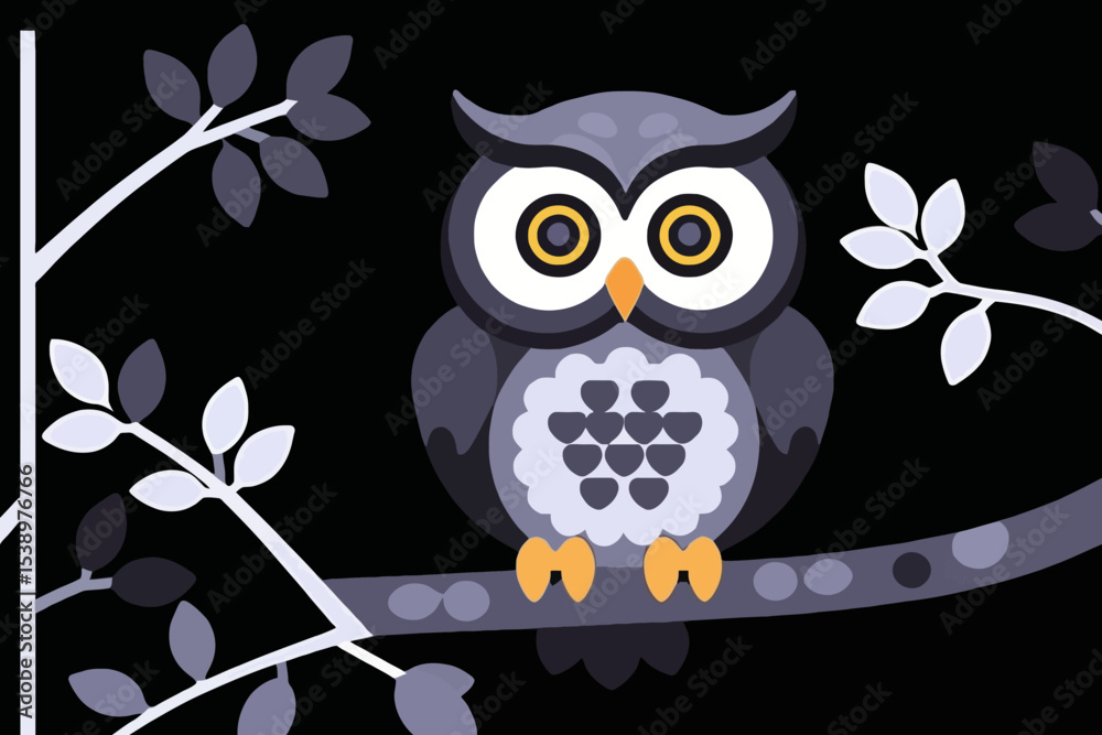 Fototapeta premium Cartoon Owl Illustration- Cute Owl on a Branch- Night Owl Graphic for Kids- Owl Art Print- Whimsical Owl Design- Owl Lover Gift- Owl Vector Art- Owl Decor