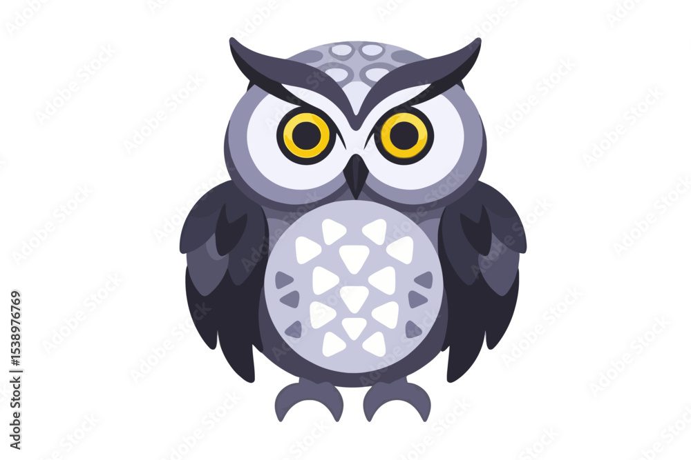 Obraz premium Cartoon Owl Illustration-Cute Bird Graphic-Wildlife Animal Clipart-Vector Owl Image-Gray and Yellow Owl-Owl with Big Eyes-Isolated Owl Character-Digital Art Owl