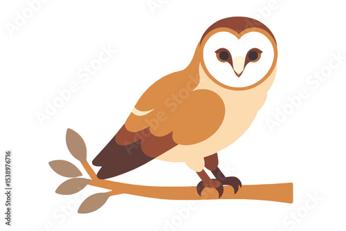 Cartoon Barn Owl Perched on a Branch- Cute Vector Illustration of an Owl- Bird Watching and Wildlife Art- Nature and Animal Themes- Downloadable Image