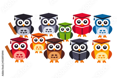 Wallpaper Mural Colorful Cartoon Owls in Graduation Caps - Educational Illustration for Kids - Back to School Owls with Degrees and Books - Fun Academic Themed Clipart Torontodigital.ca