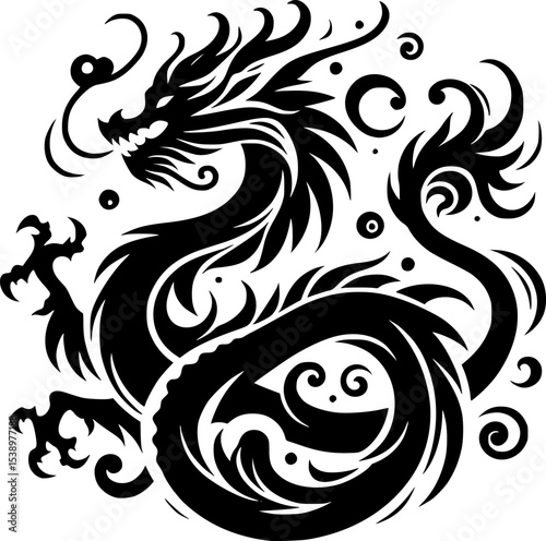 A sharp dragon vector in black and white, minimalist but full of mythic energy.