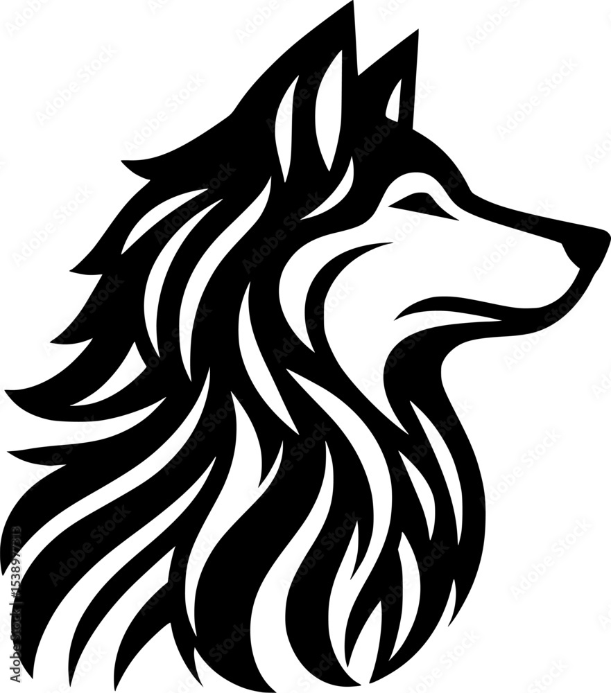 Fototapeta premium Minimal wolf vector art in black and white, clean lines with a strong, wild aura.