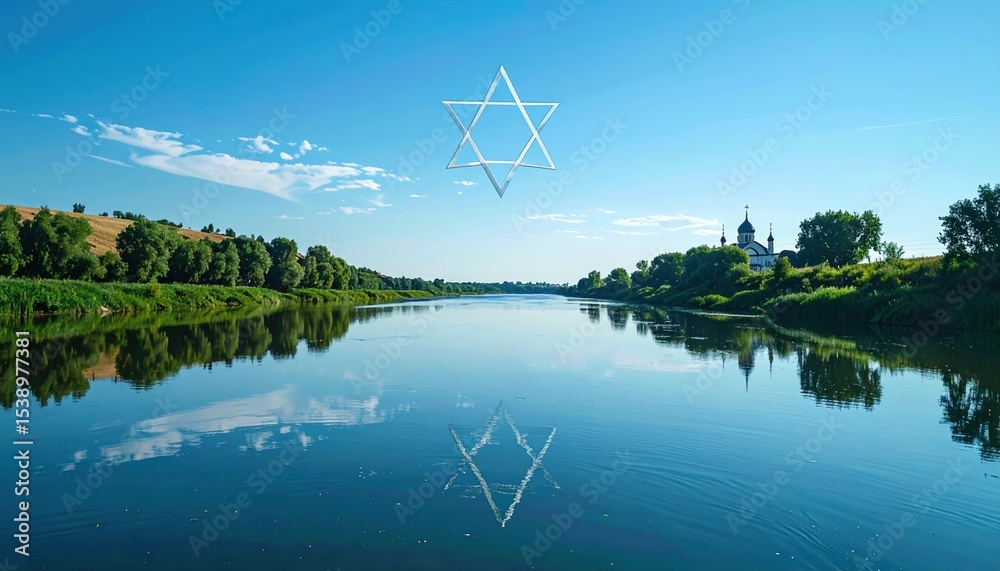 Obraz premium Serene River Landscape with Blue Sky and Reflection of Trees and Historical Architecture