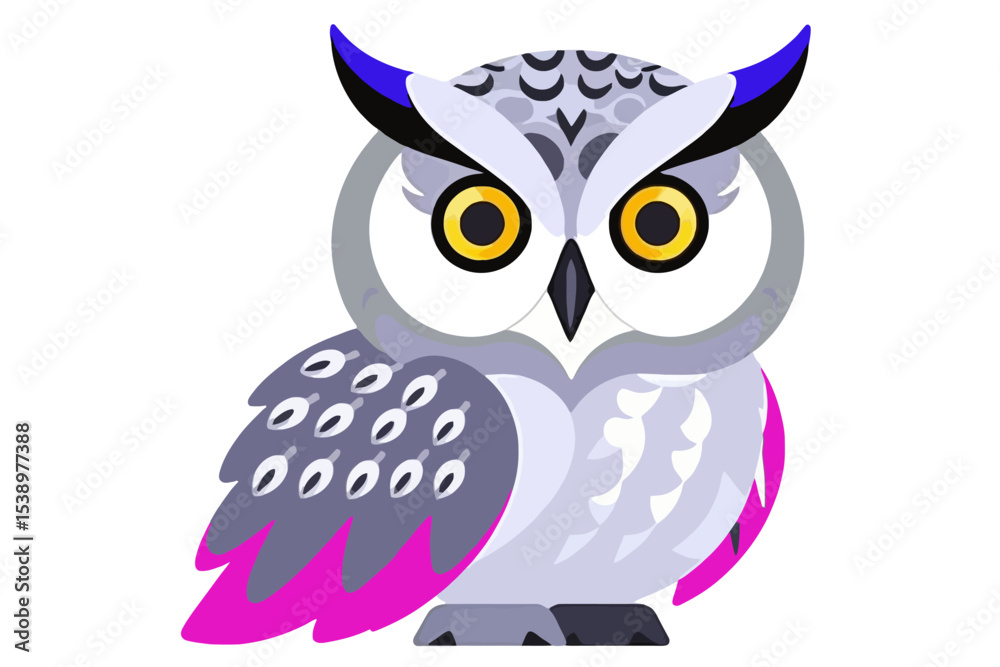 Obraz premium Cute Cartoon Owl Illustration-Adorable Bird Image for Kids-Owl Clip Art with Yellow Eyes-Vector Owl Design for Educational Resources