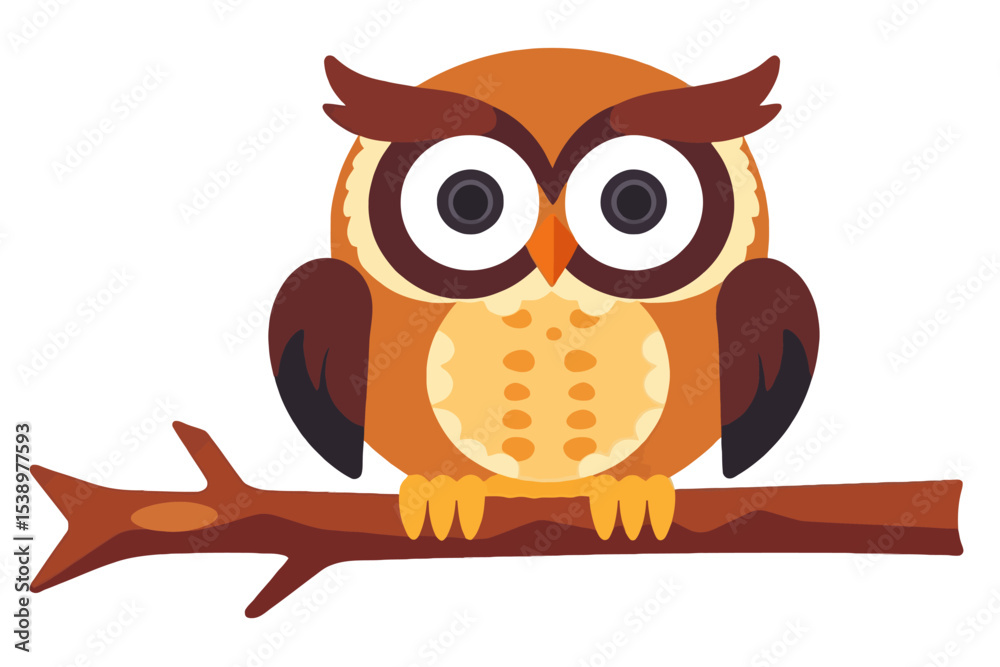 Naklejka premium Cute Cartoon Owl on Branch Vector- Whimsical Bird Illustration- Perfect for Children's Designs- Adorable Owl Clipart for Graphics- Nature and Wildlife Art