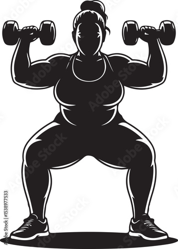 Plus Size Woman Squatting with Dumbbells Silhouette Vector Illustration