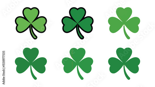 Six Green Shamrock Leaf Variations Isolated White Background clover leaves