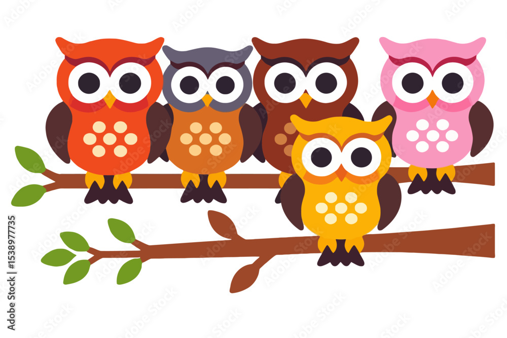 Fototapeta premium Cute Colorful Owls on a Branch Illustration - Whimsical Owl Art for Kids - Bright and Cheerful Owl Cartoon - Forest Animal Illustration - Adorable Owls Clipart