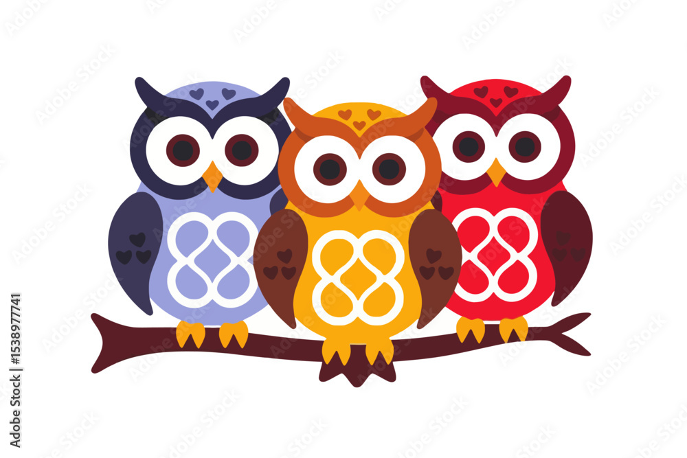 Obraz premium Cute Colorful Owls on Branch Illustration- Whimsical Owl Family Art- Perfect for Kids Room Decor- Cartoon Owls on Tree Branch- Digital Owl Clipart Image
