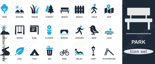 Flat solid park icon set with tree, bench, grass, trail, picnic, bike, garden, and camping elements. Ideal for UI, maps, outdoor, and nature designs.