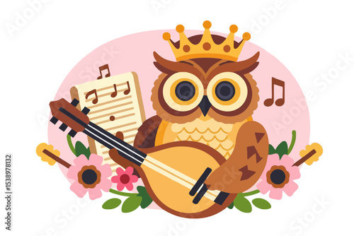 Musical Owl with Crown-Playing a Mandolin-Cute Cartoon Owl-Illustrative Image-Perfect for Children's Content-Whimsical and Fun Artwork
