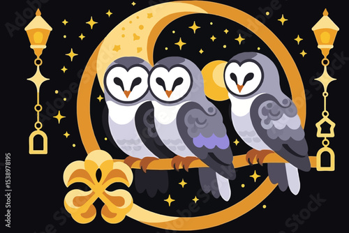 Whimsical Owls on Crescent Moon- Cute Bird Illustration with Stars and Lanterns- Nighttime Scene with Owls- Artistic Owl Design for Home Decor and Crafts