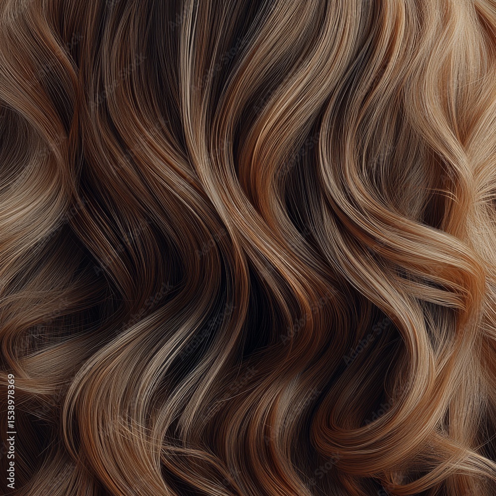 Naklejka premium Beautifully Styled Brown and Blonde Hair: A Close-Up View of Flowing Waves and Color Blending, Showcasing Health and Shine in Every Strand