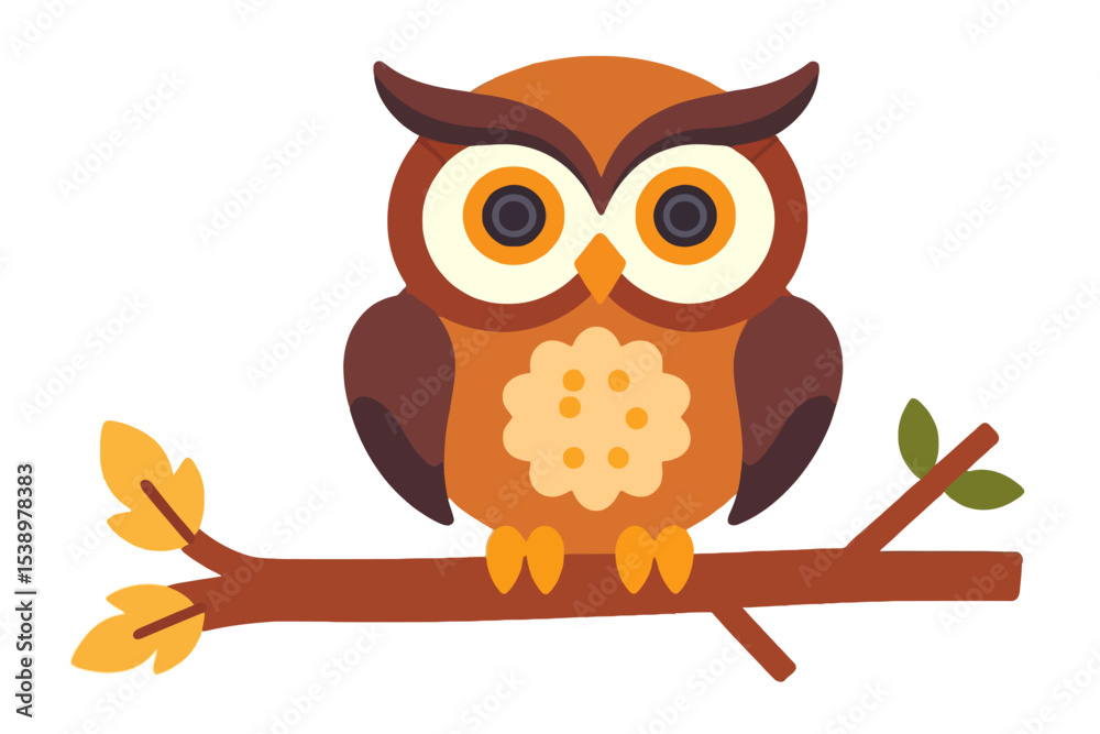 Fototapeta premium Cute Cartoon Owl Clipart-Whimsical Bird on Branch Illustration-Animal Themed Graphic Design for Kids-Adorable Owl Vector-Nature Inspired Design-Educational Illustration