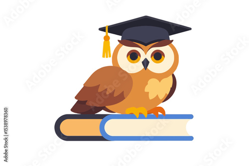 Wise Owl Cartoon Illustration-Graduation Owl on Book-Educational Mascot with Mortarboard-Back to School Illustration- Owl Character Icon