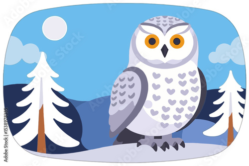 Winter Owl Landscape Illustration-Cute Snowy Owl Design-Holiday Season Art with Trees and Moon-Cartoon Owl in a Winter Scene-Animal Vector Graphic