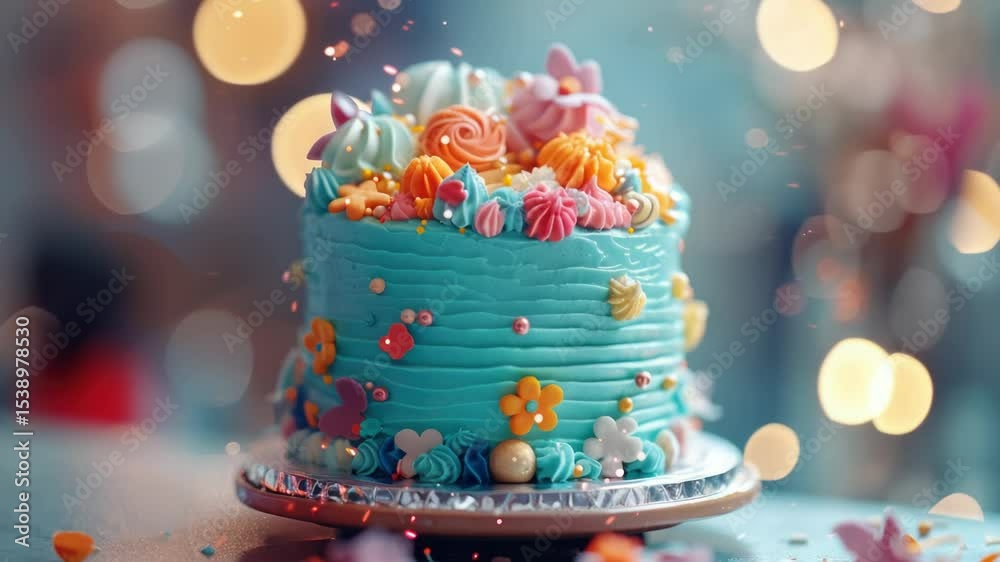 A colorful blue cake decorated with various candies