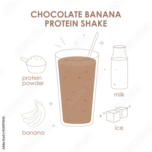 Healthy chocolate banana shake in a tall glass. Refreshing drink with a thick creamy texture. Suitable for sports nutrition, healthy lifestyle and fitness. Menu. Gym. Poster.