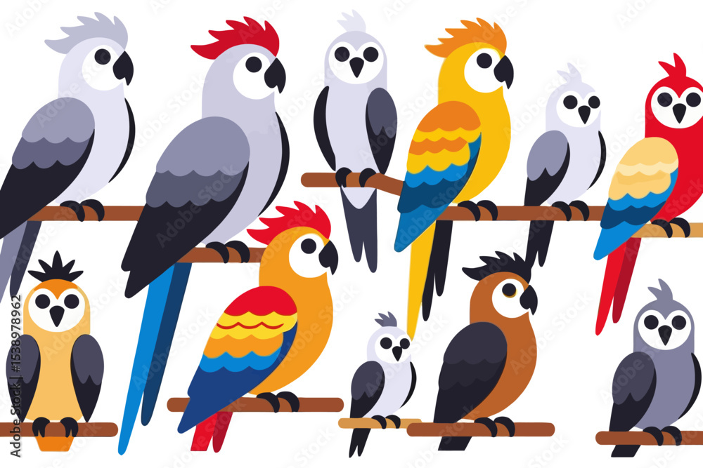 Fototapeta premium Colorful Cartoon Birds Illustration-Collection of Parrots and Owls Perched on Branches-Fun and Whimsical Bird Art for Kids and Nature Lovers-Adorable Avian Design