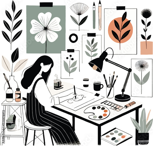 An artist at work surrounded by floral illustrations and painting supplies creating art