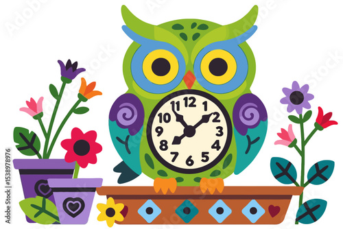 Colorful Owl Clock Illustration - Whimsical Timepiece with Floral Accents - Perfect for Kids Rooms and Playful Decor-Adorable Design for Nursery Art