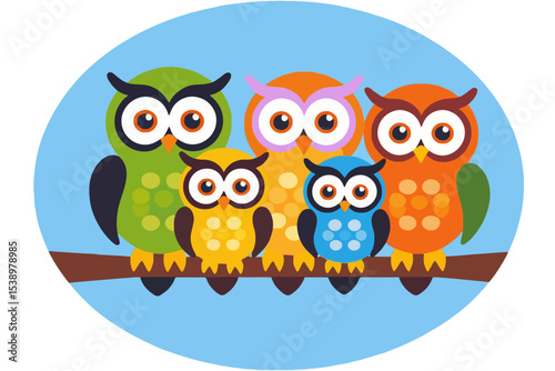 Colorful Owl Family Illustration- Cute Cartoon Owls on a Branch- Whimsical Animal Art for Kids- Childrens Illustration for Wall Art Decor- Home Decor