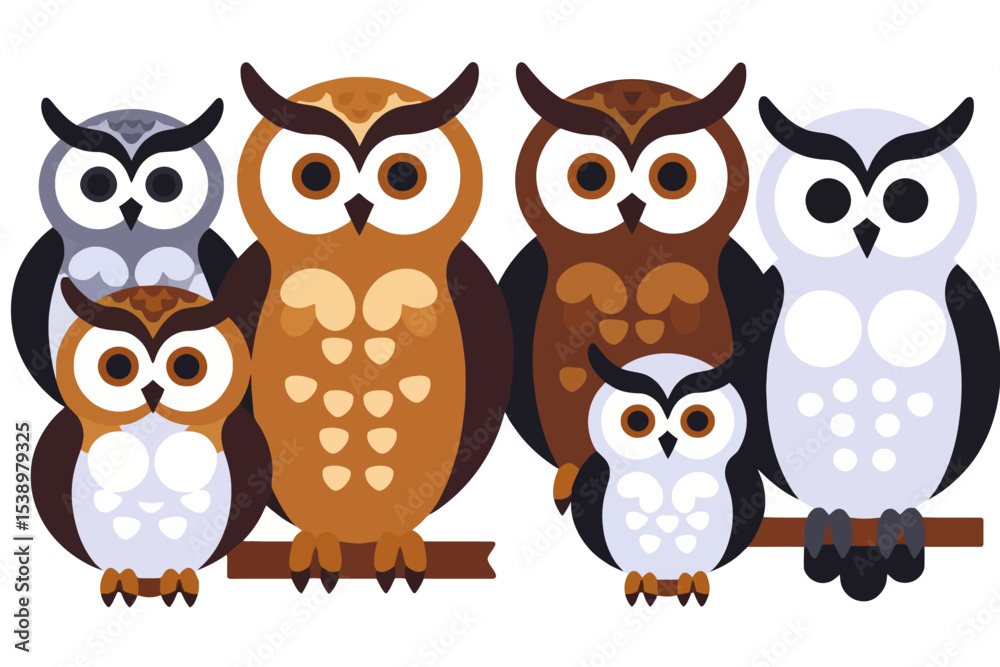 Obraz premium Cute Owl Family Illustration- Whimsical Owl Art for Kids- Colorful Owls on a Branch- Adorable Cartoon Owls- Owl Lovers Gift- Birdwatching Theme- Nature Inspired Art