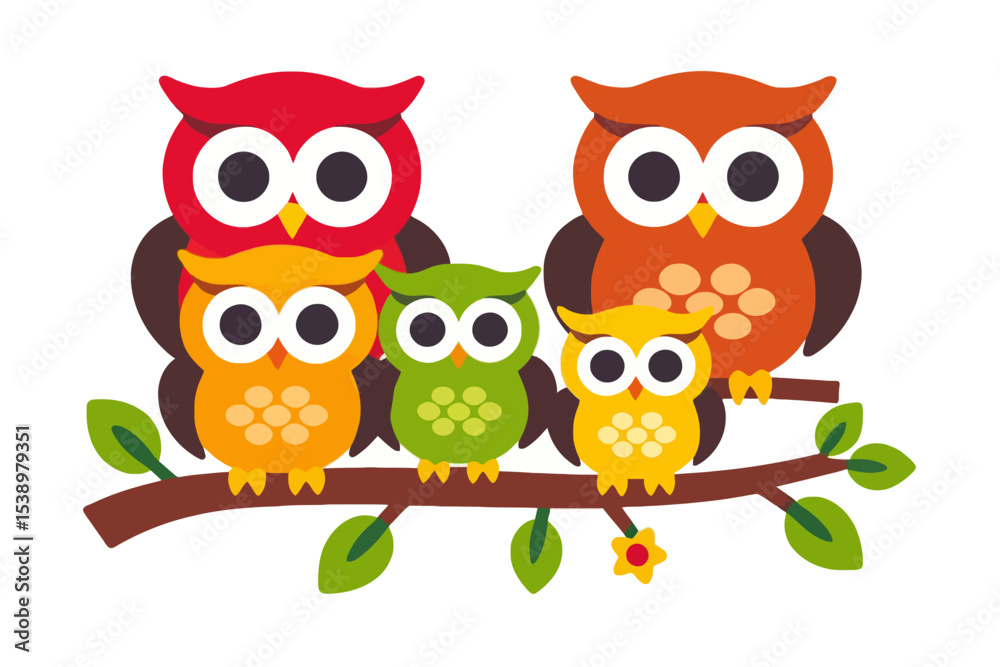Fototapeta premium Cute Owl Family on Branch Vector Illustration- Whimsical Cartoon Owls- Perfect for Kids Decor- Colorful and Playful Owl Art- Download Now for Crafts and Designs