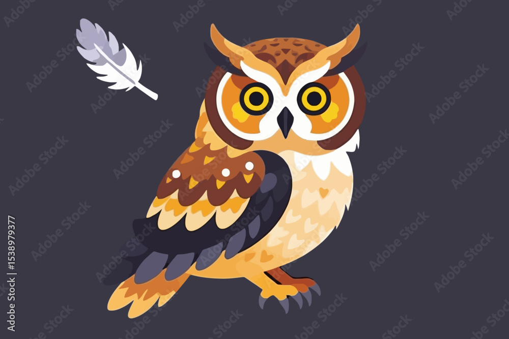 Obraz premium Cute Owl Illustration with Feather - Whimsical Bird Art for Kids - Colorful Owl Design on Black Background - Nature Inspired Artwork