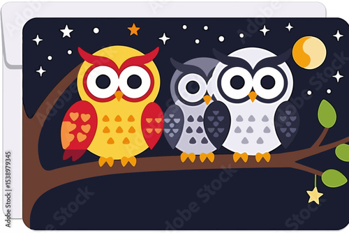 Cute Owl Family Night Card-Whimsical Cartoon Owls on Branch-Starry Night Scene Greetings-Perfect for Kids Birthday Party Invitations-Unique Owl Art